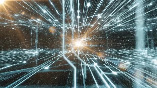 Digital Network of Innovation: Immerse yourself in a mesmerizing digital landscape of interconnected lines, radiating from a central point of light.