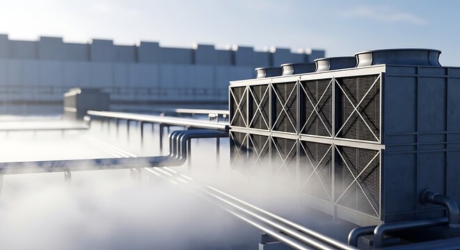 Industrial cooling towers on a rooftop with steam rising, representing HVAC systems and climate control in urban environments.