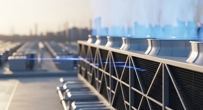 Industrial cooling towers on a rooftop with city skyline in the background at sunset