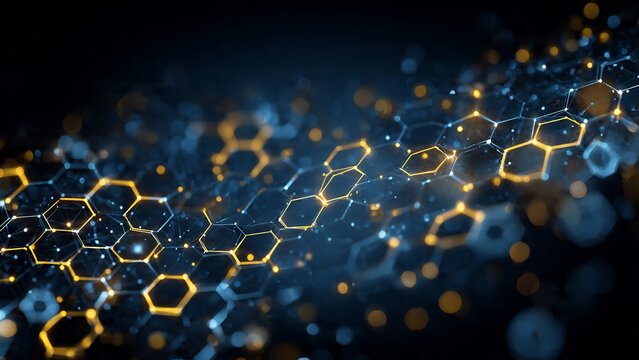 Molecular structure with hexagons and particles.