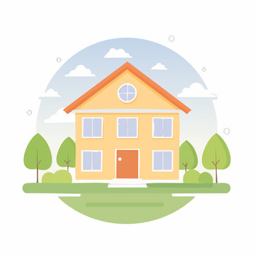 Illustrated house with trees and sky, residential property concept.