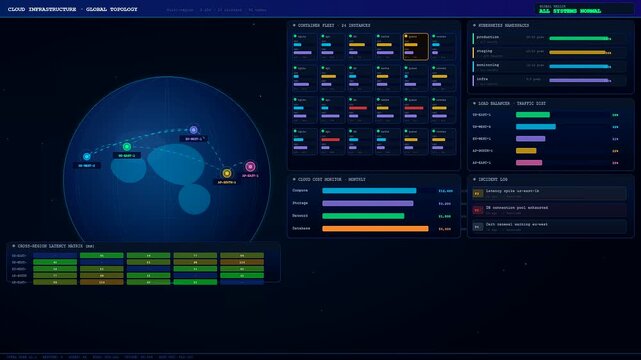 A sophisticated Realtime Observability Dashboard illustrating the dynamic flow of global network traffic across a futuristic digital interface for advanced cloud infrastructure monitoring and analysis