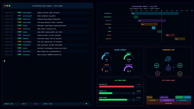 A Realtime Observability Dashboard visualizing complex distributed tracing and system performance metrics across a dark futuristic interface for enterprise cloud infrastructure monitoring and analysis