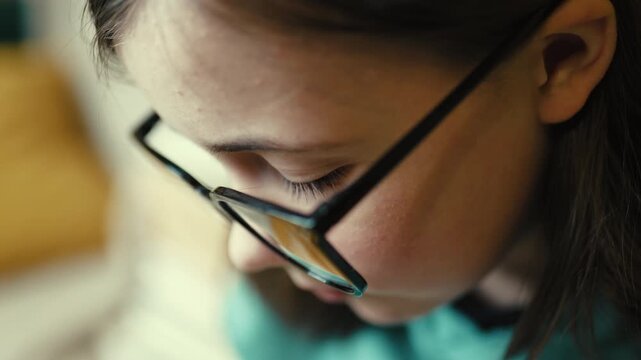 Tired little girl putting on glasses with exhausted eyes, overworked child student rubbing eyes, 4K 10-bit