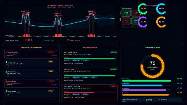 A sophisticated Realtime Observability Dashboard displays dynamic data flow and system health metrics through glowing holographic interfaces for advanced cybersecurity and anomaly detection operations