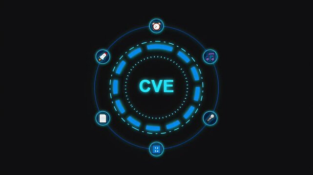 Common vulnerabilities and exposures CVE digital HUD interface with glowing blue icons and rotating elements