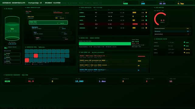 A sophisticated Realtime Observability Dashboard displays fluctuating database metrics and system health indicators with a dark aesthetic for professional cloud infrastructure monitoring data analysis