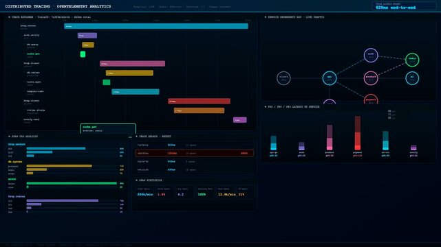 An Realtime Observability Dashboard displaying complex distributed tracing data with fluctuating latency metrics and dynamic network dependency maps for modern cloud infrastructure monitoring systems