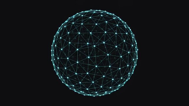 Blue digital plexus sphere with glowing nodes and lines rotating to represent a global communication network