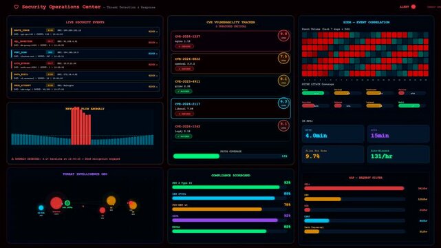 A futuristic Realtime Observability Dashboard dynamically updating with shifting data visualizations and security alerts to monitor network threats within a sophisticated digital command center