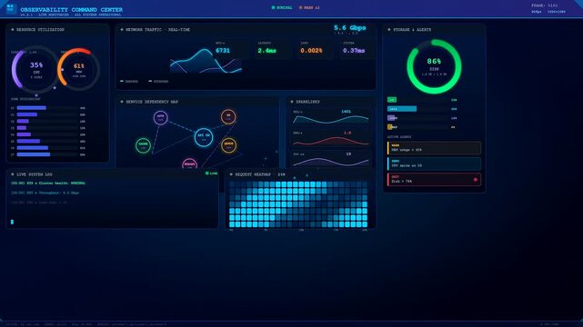 A sleek and futuristic Realtime Observability Dashboard displaying dynamic data streams and network metrics as luminous graphs shift across a dark cinematic interface