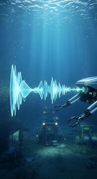 Underwater robot explores ocean floor transmitting sonar waves near research station