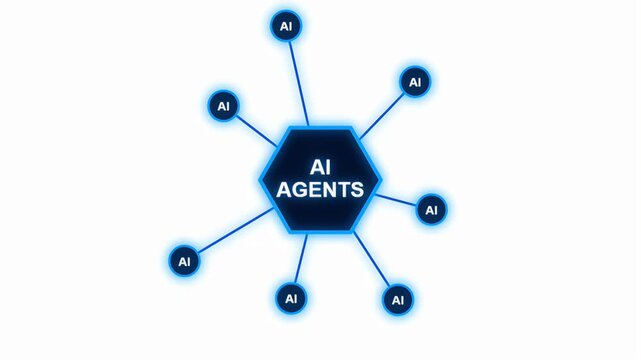 Conceptual illustration of an AI agents network with a central processing hub and several connected sub-nodes