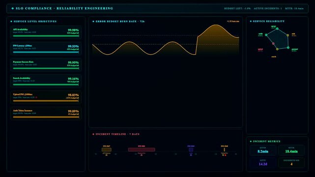 A Realtime Observability Dashboard meticulously tracking system reliability metrics with fluid gold wave animations and complex data visualizations for modern enterprise infrastructure monitoring