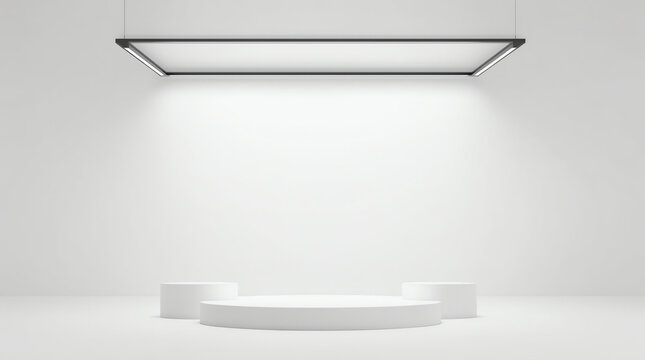 Empty pedestal or winner podium display on white room and light background with futuristic stand concept. Blank product shelf standing backdrop. 3D rendering