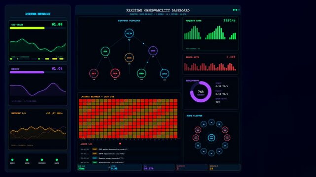 An intricate Realtime Observability Dashboard showcases dynamic fluctuations in system performance and network traffic patterns utilizing vivid neon telemetry visualizations on a sleek interface