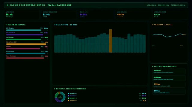 A Realtime Observability Dashboard pulses with neon teal data streams across a dark interface while meticulously monitoring complex financial cloud infrastructure for enterprise optimization