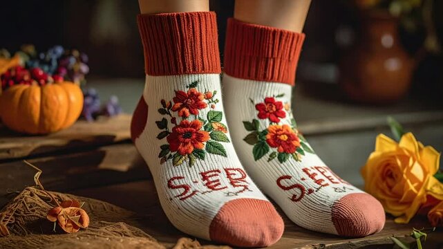 Warm, white socks with floral embroidery and "SEE" on them, resting on wood; autumn decor