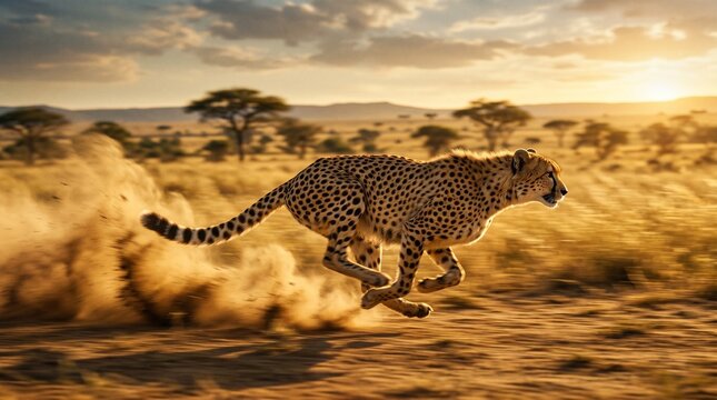 Cheetah running at full speed across a dusty savannah during a golden sunset, showcasing powerful motion and wild grace.