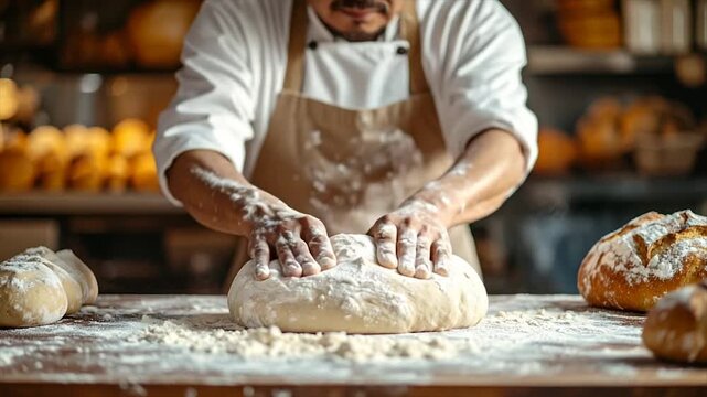 A baker, covered in flour, kneads dough on a wooden surface, loaves in background