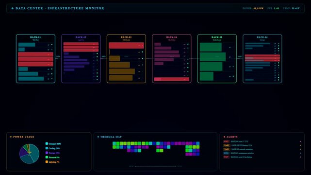 A sophisticated Realtime Observability Dashboard displaying dynamic fluctuations of server rack power and thermal metrics within a futuristic dark themed digital infrastructure control center