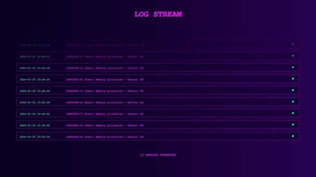 A sophisticated Realtime Observability Dashboard dynamically displays scrolling system logs and network status updates within a futuristic neon purple cyberpunk digital environment for developers