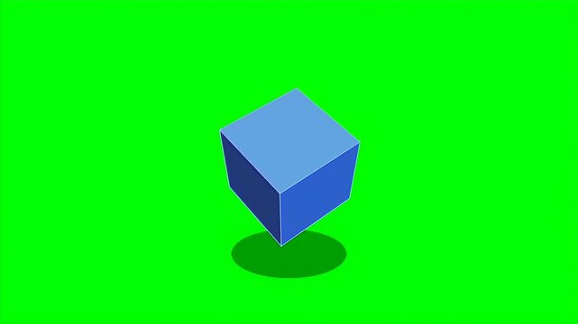 A blue three dimensional cube rotates slowly in the center of the frame with a soft shadow underneath.