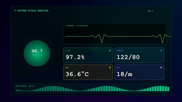 A Realtime Observability Dashboard displays fluctuating medical vitals and heart rate rhythms through an animated futuristic user interface for advanced patient healthcare monitoring systems