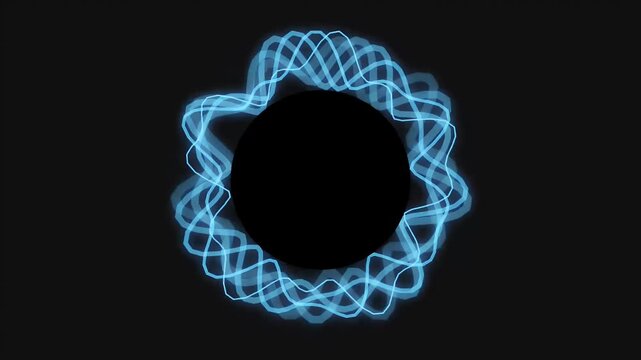 Abstract blue neon light waves pulse and vibrate in a circular motion around a dark center.