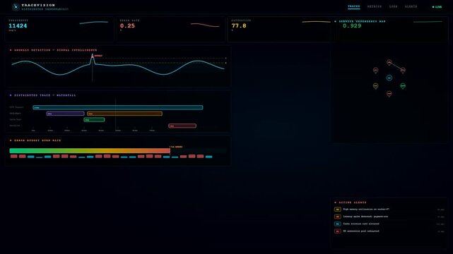 A Realtime Observability Dashboard displaying dynamic network metrics and signal intelligence through flowing waveforms and interconnected node diagrams for advanced system health monitoring purposes