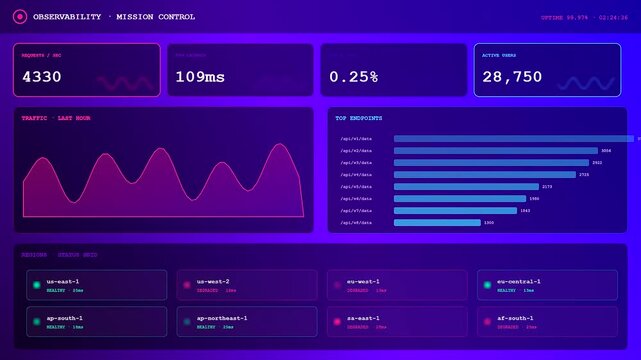 A futuristic Realtime Observability Dashboard displays fluctuating system metrics and network traffic patterns across global regions with a sleek cyberpunk purple neon aesthetic for developers