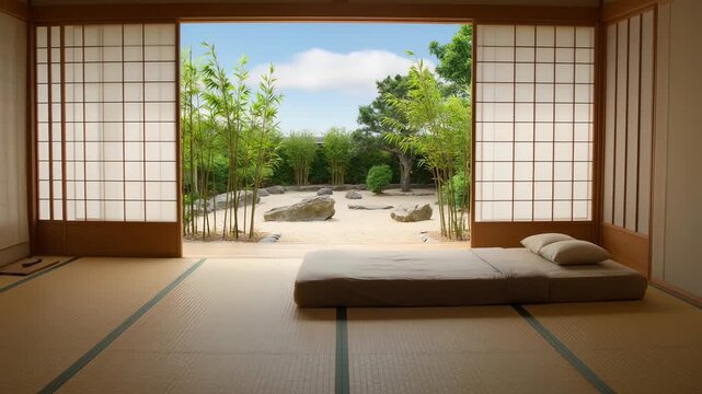 Traditional Japanese Room with Tatami and Zen Garden View