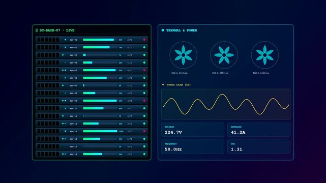 A Realtime Observability Dashboard displays shifting technical metrics and fluctuating power levels within a futuristic dark interface designed for advanced server infrastructure monitoring systems