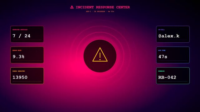 An advanced Realtime Observability Dashboard pulses with magenta neon alerts while streaming live system metrics to monitor critical server failures during a high stakes outage