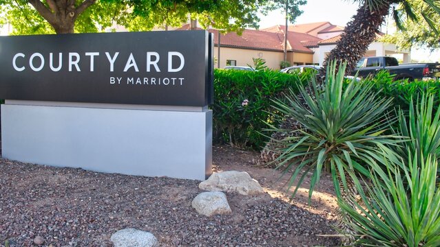Courtyard by Marriott sign outside Marriott hotel Tucson, Arizona, United States - April 20, 2026