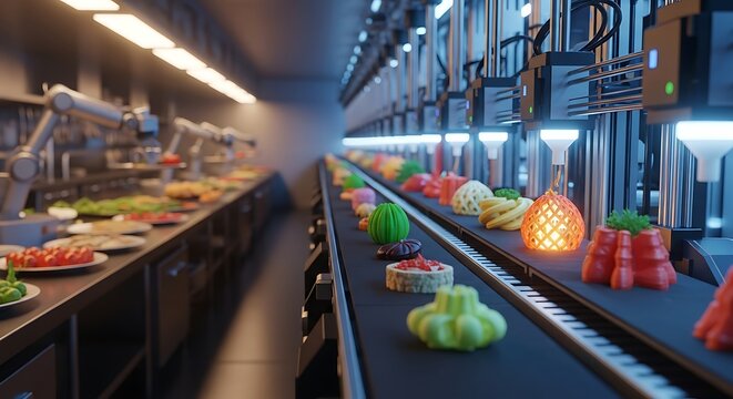 Automated food production line with robotic arms preparing meals and 3d printed food items on a conveyor belt in a futuristic kitchen