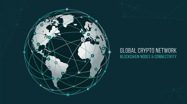 Global crypto network blockchain nodes connect technology worldwide