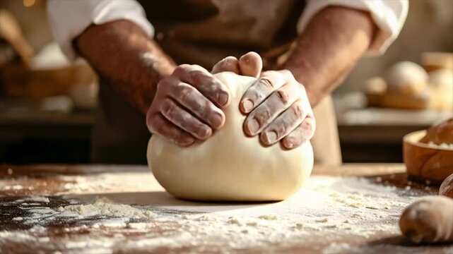 A baker gently handles dough, sprinkling flour on a wooden surface, with hands in focus