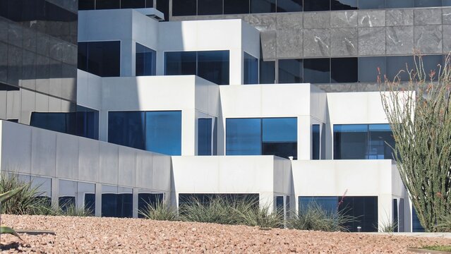 White office building with staggered layers to create bold lines and angles