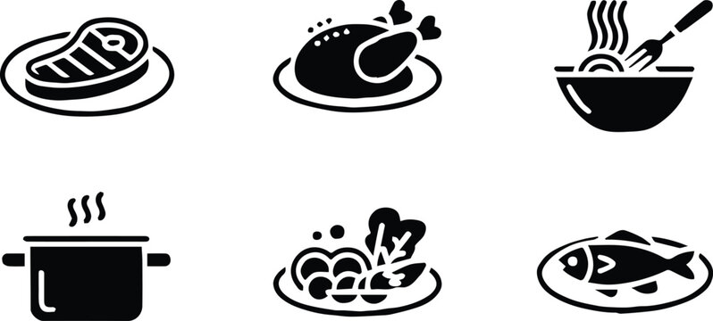 food icons collection meat poultry pasta cooking pot fish