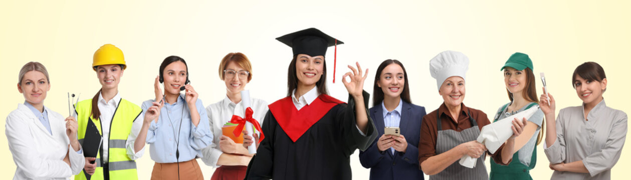 Graduate student and women of various professions on color gradient background. Career choice
