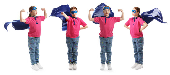 Fototapeta premium Little superhero. Girl wearing blue mask and cape on white background. Collection of portraits