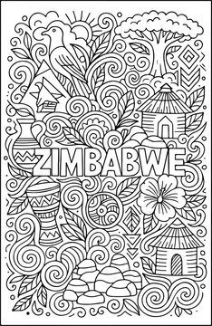 Zimbabwe hand drawn vector illustration doodle art line art coloring page for kids	