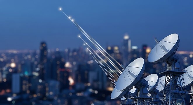 Satellite dishes transmitting signals over a city skyline at night representing global communication and technology networks