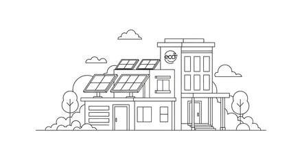 Naklejka premium Modern Eco-Friendly House with Solar Panels Line Art Illustration, Sustainable Architecture and Green Energy Concept
