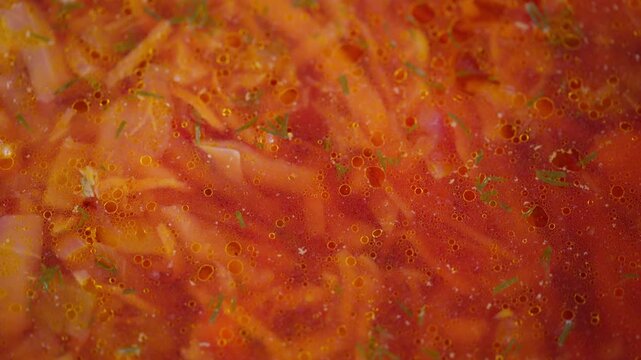 Traditional cabbage and beet broth dish. Authentic simmered beet and cabbage soup with vegetables. Hearty homemade beet and cabbage soup featuring carrots onions potatoes herbs
