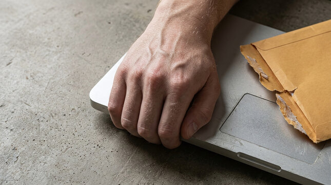 Student loan debt crisis anxiety depicted by tense hands gripping computer trackpad next to bills