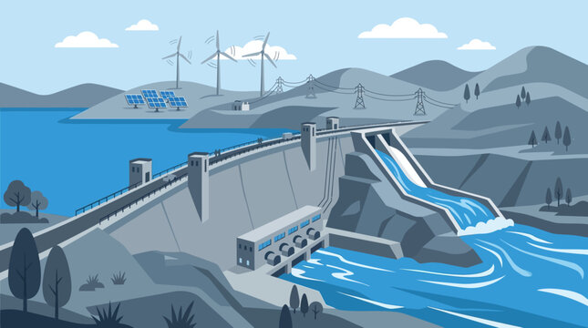 A serene landscape illustration of a dam releasing water into a river with wind turbines in the background on a sunny day with mountains.