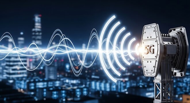 5G cellular tower transmitting wireless signal waves over a city skyline at night symbolizing advanced communication and network connectivity