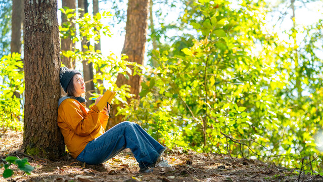 Asian woman sitting under the tree and writing in notebook, female traveler solo travel hiking in forest, relaxation grounding nature therapy, outdoor lifestyle with mindfulness and mental wellness.